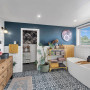 Bathroom featuring walls in Resene Elephant and Pearl, ceiling in Black White
