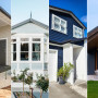 A range of home exterior colour schemes and designs featuring Resene Half Grey Olive, Gull Grey, Indian Ink and Bokara Grey