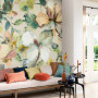 Living room featuring floral wallpaper