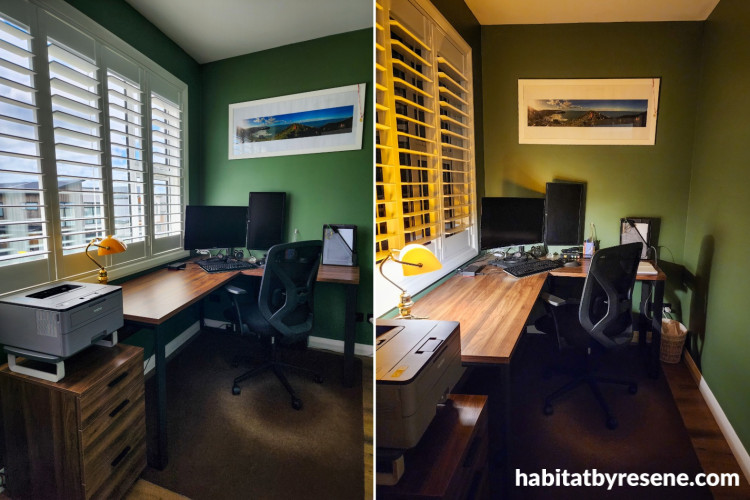 Home office featuring smoky grey green Resene Tom Thumb