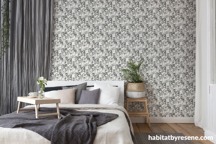 Bedroom featuring statement Resene wallpaper