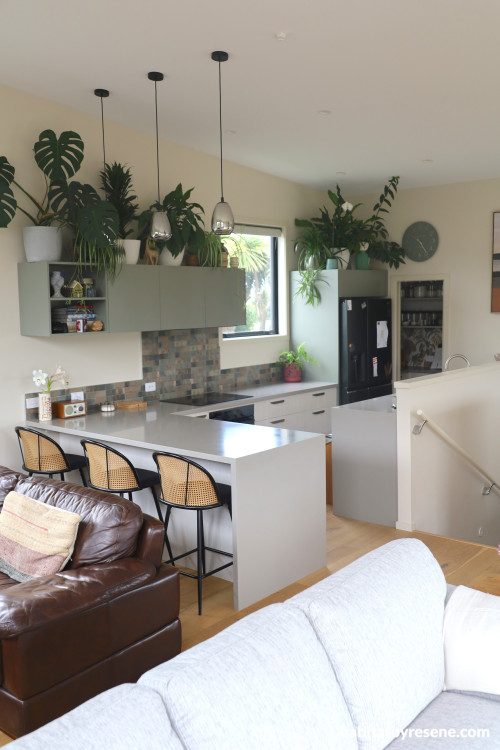 Kitchen walls in Resene Half Fossil, ceiling in Alabaster. 
