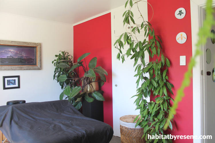 Bedroom featuring Resene Shiraz and neutral Resene Bianca