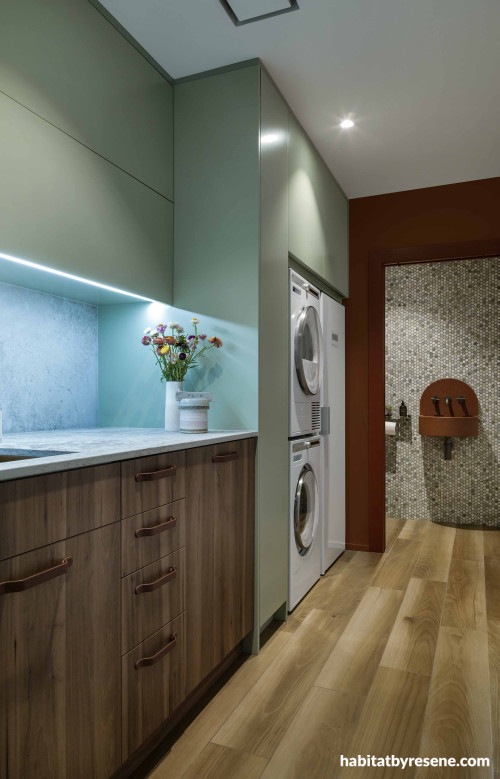 Laundry featuring cabinetry in Resene Peace