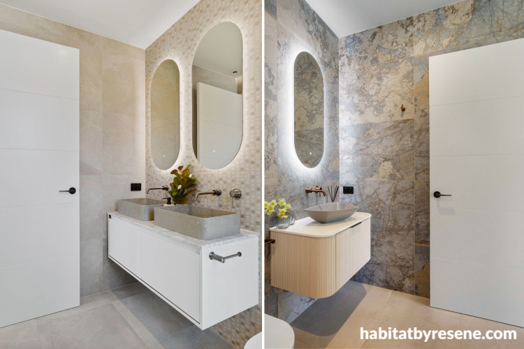 Bathroom featuring stone tiles and neutral tones